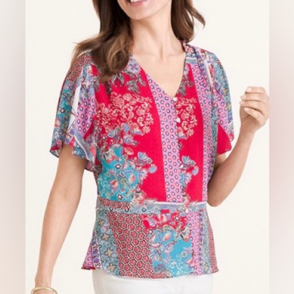 NWT Chico’s Patchwork Peplum Flutter-Sleeve Top S… - image 4